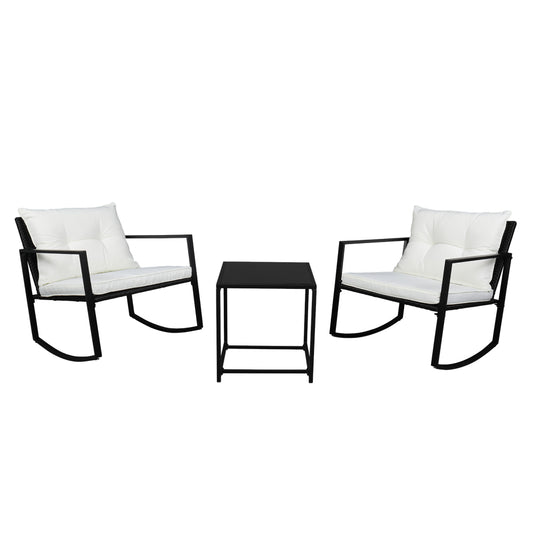3-piece outdoor furniture set 1pcs tempered glass coffee table 2pcs pe rattan iron polyester cloth sponge exposed rocking chair