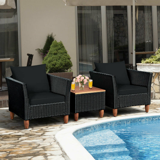 3PCS Outdoor Patio Rattan Furniture Set Wooden Table Top Cushioned Sofa Black  HW66532 | Decor Gifts and More