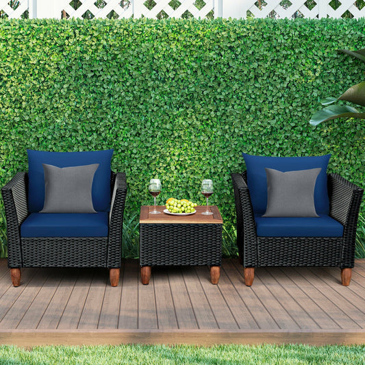 3PCS Outdoor Patio Rattan Furniture Set Wooden Table Top Cushioned Sofa Navy  HW66532NY | Decor Gifts and More