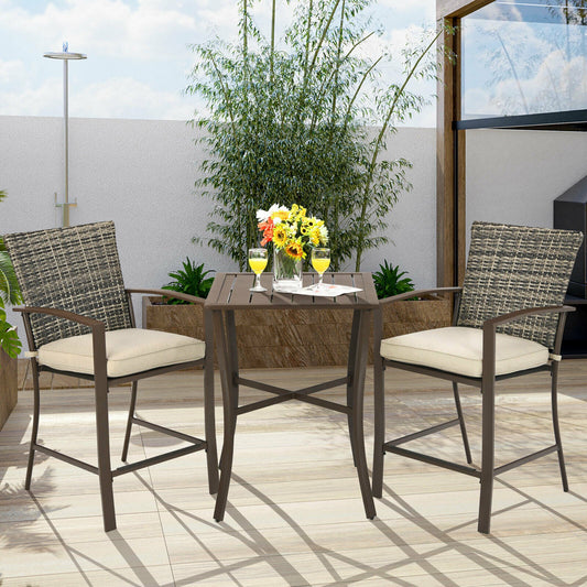 3PCS Patio Rattan Bar Furniture Set Slat Table 2 Cushioned Stools Poolside Brown  NP10086CF | Decor Gifts and More