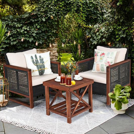 3PCS Patio Wicker Furniture Set Solid Wood Frame Cushion Sofa Square Table Shelf HW65227 | Decor Gifts and More