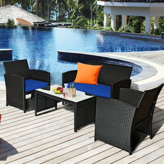 4PCS Patio Rattan Furniture Conversation Set Cushion Sofa Table Garden Navy  HW63239NY | Decor Gifts and More