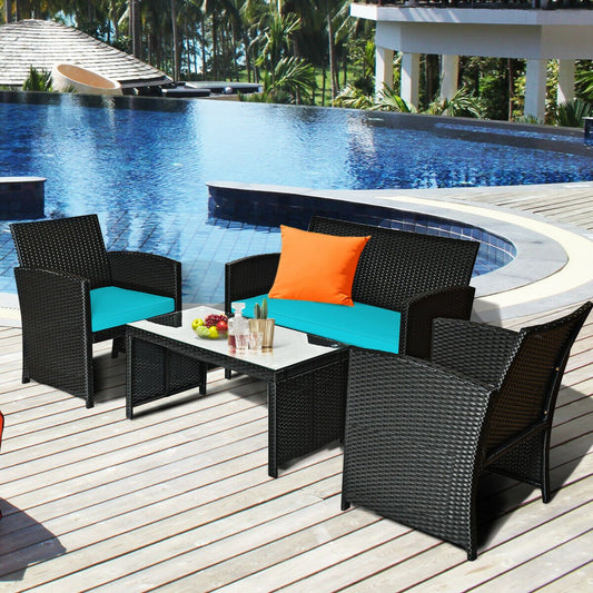 4PCS Patio Rattan Furniture Conversation Set Cushion Sofa Table Garden Turquoise  HW63239TU | Decor Gifts and More