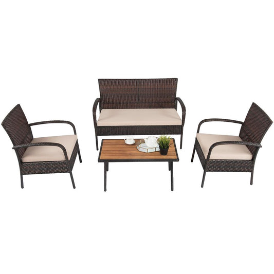 4PCS Patio Rattan Furniture Set Outdoor Conversation Set Coffee Table w/Cushions HW66527 | Decor Gifts and More
