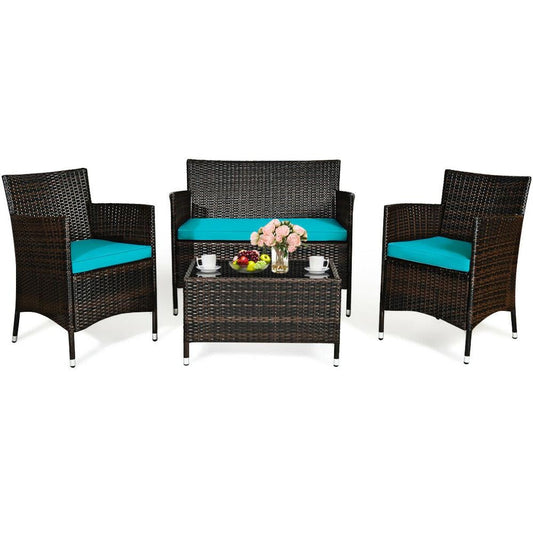 4PCS Rattan Patio Furniture Set Cushioned Sofa Chair Coffee Table Turquoise | Decor Gifts and More