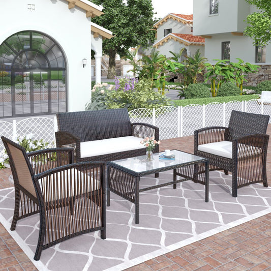 4Pcs Outdoor Patio Furniture Set 2 Double 1 Single Rattan Chair Sofa &amp;1 Coffee Table for Garden Backyard Porch&amp;Poolside Gray | Decor Gifts and More