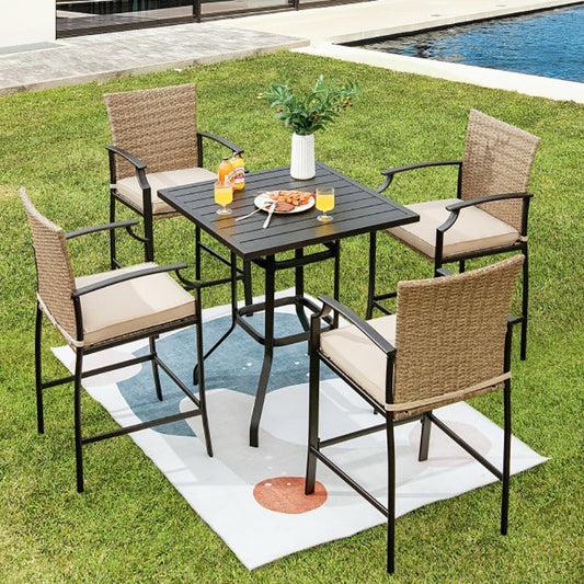 5 Pieces Outdoor Rattan Bistro Bar Stool Table Set with Cushions 32 Inches Steel Square Bar Table with Powder-Coated Tabletop | Decor Gifts and More