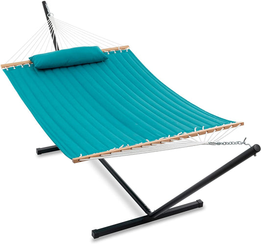 Heavy Duty Double Hammock with Stand Hardwood Spreader Bar Soft Pillow - Home Decor Gifts and More