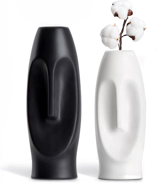 Modern Unique Ceramic Silhouette Head Vase  Set White and Matte Black, Abstract Nordic Decor - Home Decor Gifts and More