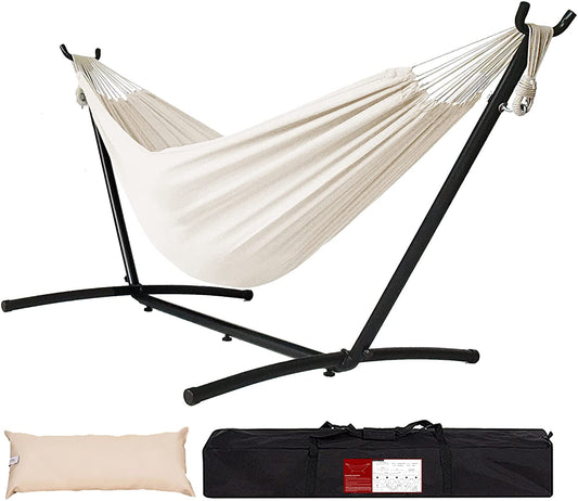 Double Cotton Hammock with Space Saving Steel Stand Includes Portable Carrying Bag - Home Decor Gifts and More