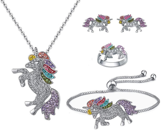 High Quality Polished Stainless Steel Crystal Rainbow Unicorn Jewelry Set Unicorn Gifs - Home Decor Gifts and More