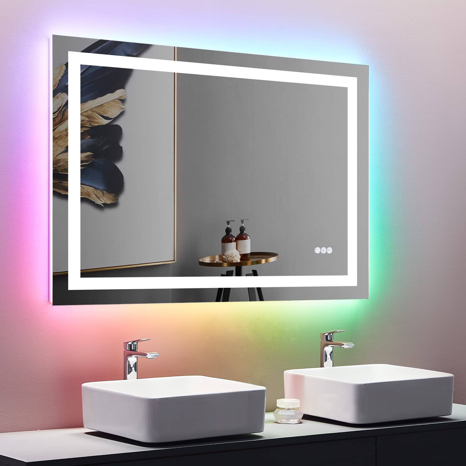 Bathroom Mirrors With LED Light Colorful Wall Vanity Cosmetic Mirror Touchable Wall Mounted Lighted Makeup Anti-fog Mirror - Home Decor Gifts and More