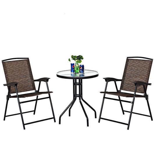 Costway 3PC Bistro Patio Garden Furniture Set 2 Folding Chairs Glass Table Top Steel - Home Decor Gifts and More