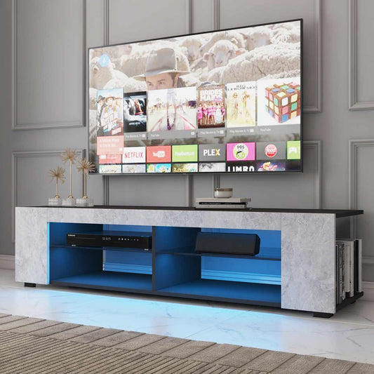 High Gloss Modern TV Stand Unit with Bookshelves + LED Light + 4-Shelf Console Cabinet Home Office Living Room Furniture - Home Decor Gifts and More