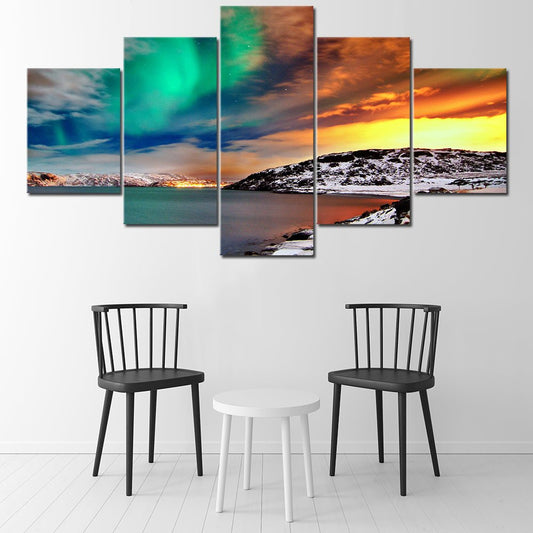 Modern Wall Art Natural Landscape Aurora Borealis 5 Piece Panel Scenic Landscape Snow-Capped Mountains - Home Decor Gifts and More