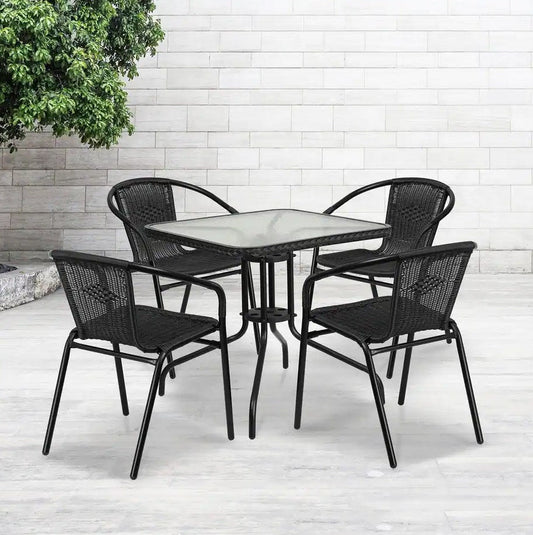 Outdoor Dining Set Patio Set Round Glass Metal Table with Rattan Edging and 2/4 PCS Rattan Stack Chairs - Home Decor Gifts and More