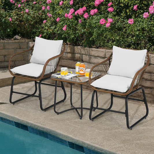 3PCS Patio Rattan Bistro Set Cushioned Chair Glass Table Deck  OP70838 | Decor Gifts and More