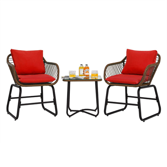 Patiojoy 3PCS Patio Rattan Bistro Set Cushioned Chair Glass Table Deck Red  OP70838RE - Home Decor Gifts and More