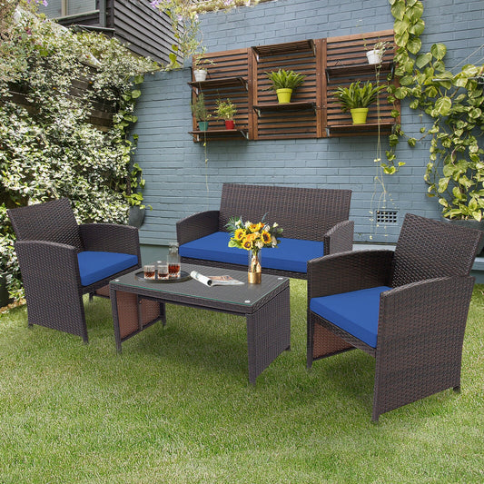 4PCS Patio Rattan Furniture Set Cushioned Chair Sofa Table HW67934 | Decor Gifts and More