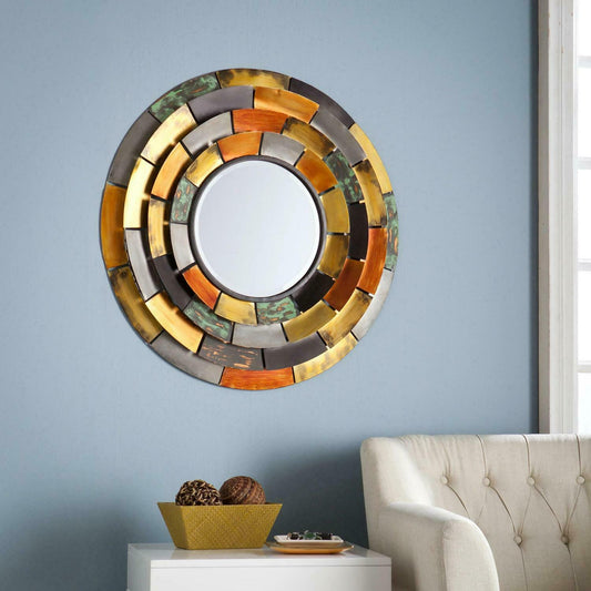 Lg Boho Colorful Round Mosaic Wall Accent Mirror Metal Layered Heavy 3-D Frame - Home Decor Gifts and More