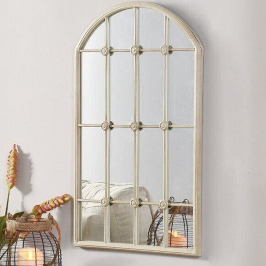 Rustic Window Wall Mirror Decorative Arched Metal 16 Panes Accent Antiqued Ivory - Home Decor Gifts and More
