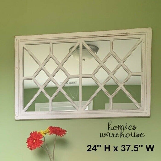 Large Window Pane Wall Mirror Rustic Wood Frame Aged Farmhouse White Decor 37" - Home Decor Gifts and More