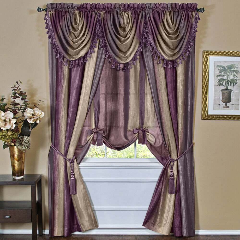 Regal Deep Purple Gold Semi-Sheer Light Filtering Window Curtain Drape Set | Decor Gifts and More