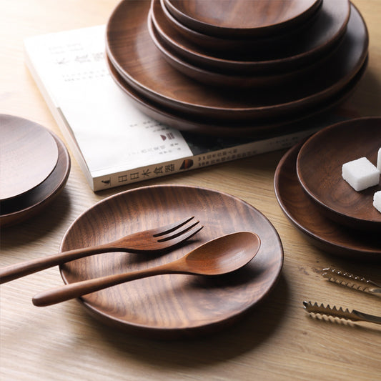 Japanese Acacia Round Wood Sushi Oke Plate Dinnerware Set