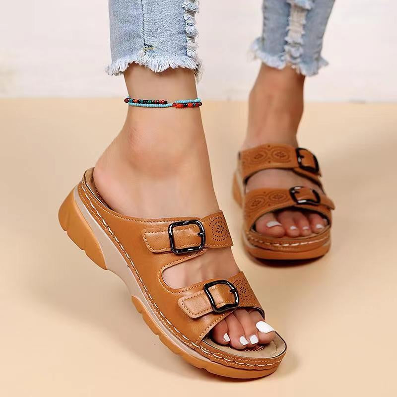 Double Buckle Slippers Women Flat Sandals Summer