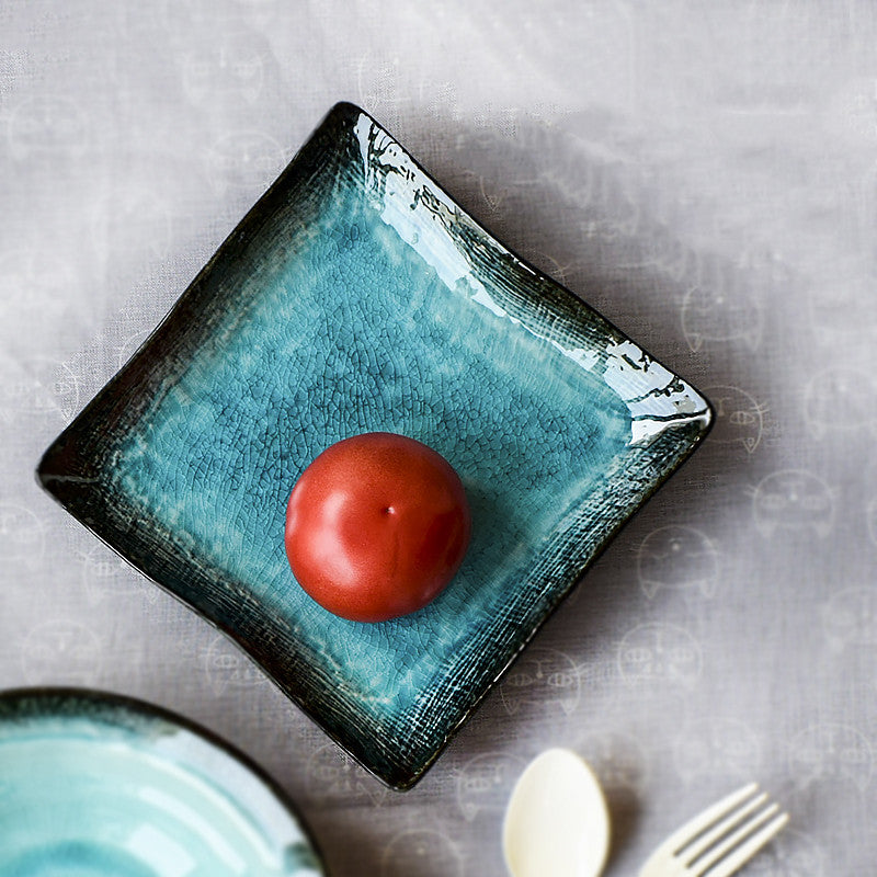 Luxury Blue Turquoise Blossom Crackle Glaze Stoneware Pottery Dinnerware Set