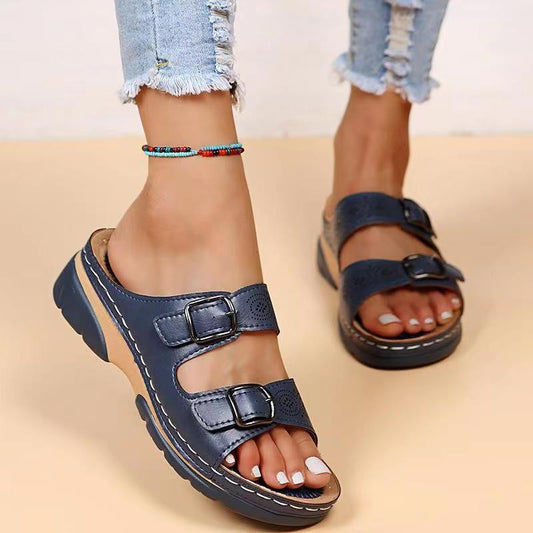 Double Buckle Slippers Women Flat Sandals Summer