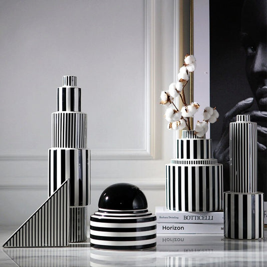 Black and white striped ceramic vase