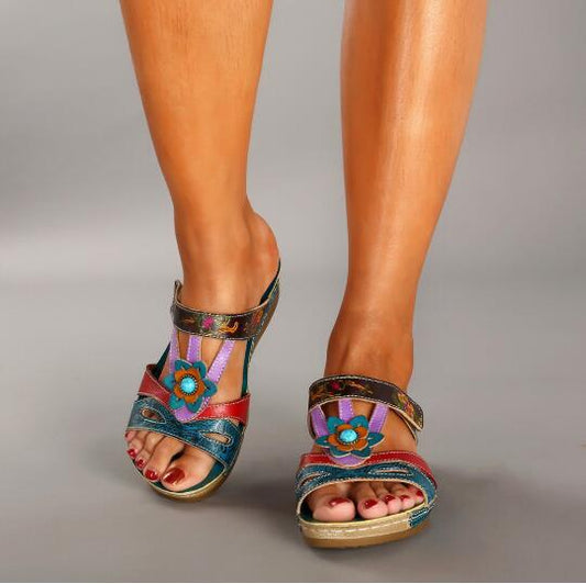 Women Sandals Heeled Slippers Ethnic Flower Sandals Female Summer Shoes