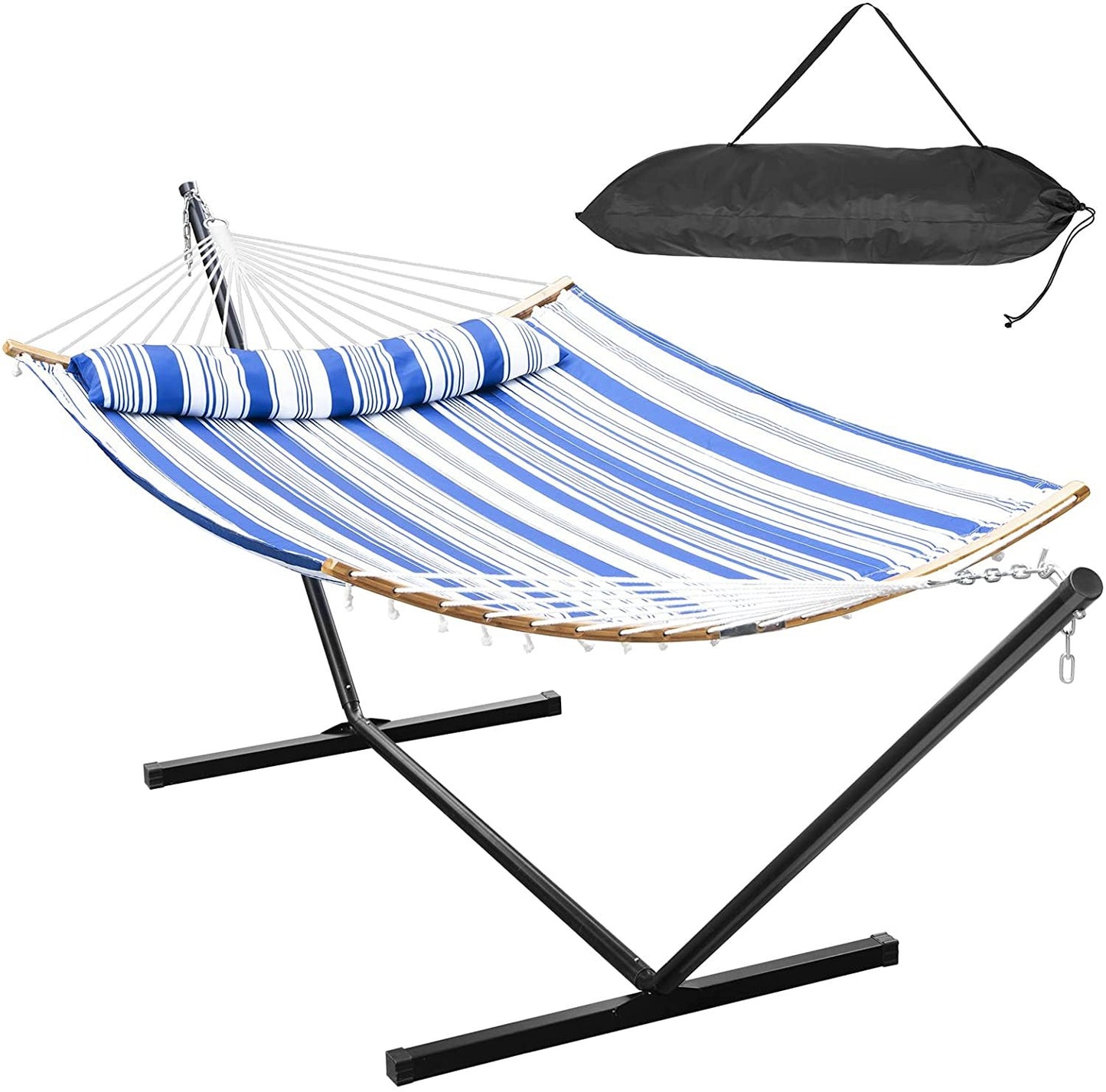 12ft portable double heavy duty hammock blue and white stripes