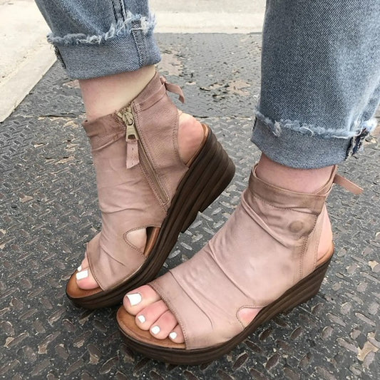 Sandals Women Wedge Heel Side Zipper Ruffled Surface