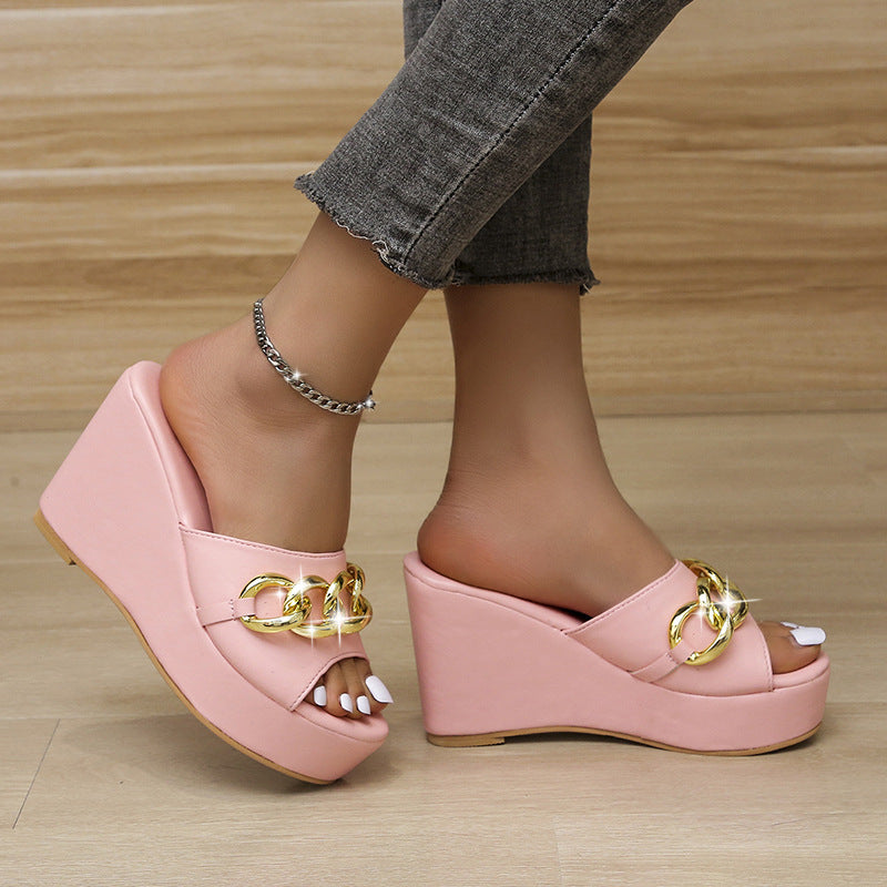 Gold Chain Shoes High Heel Wedges Slippers Women Slides Sandals