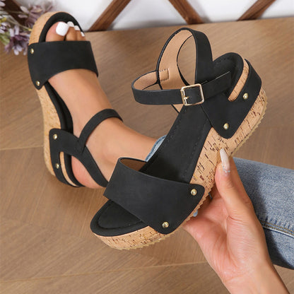 Roman Wedge Sandals For Women Rivet Buckle Strap Thick Platform Shoes Summer