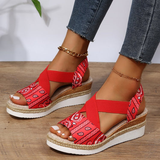 Summer Wedge Sandals Women Fashion Pattern Ankle-strap Buckle Sandals Women