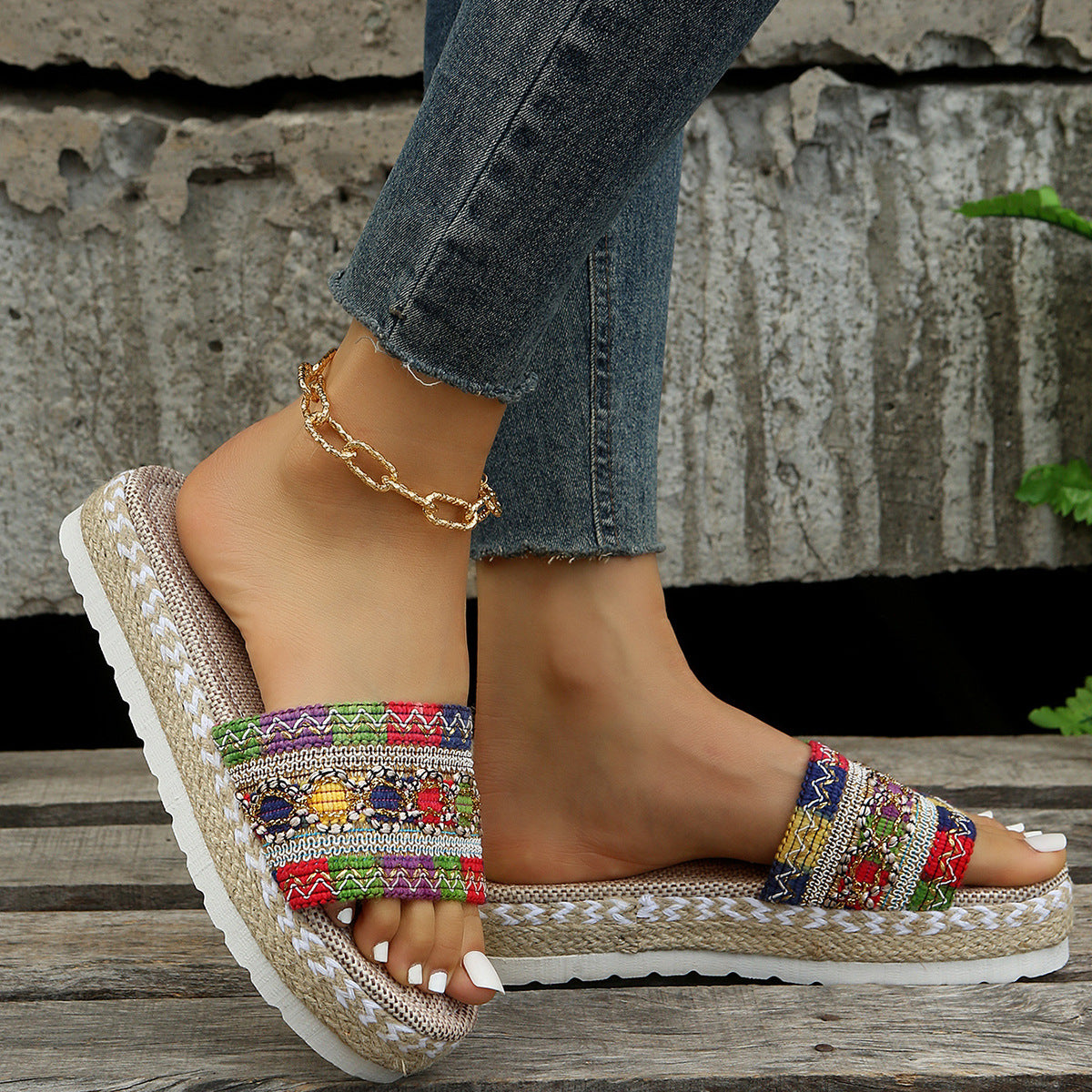 Ethnic Style Slippers Women Summer Sandals Thick Bottomed Fish Mouth Hemp Rope Candy Colored Slippers Beach Shoes