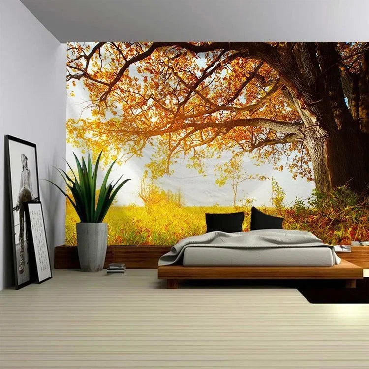 3D Forest Tree Tapestry Wall Hanging Nature Scene Tapestries Sunlight Evergreen Plant Leaves Outdoor Landscape Home Room Decor