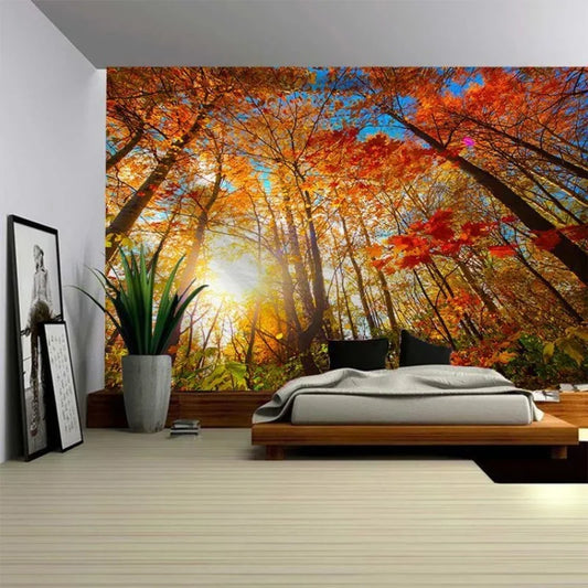 3D Forest Tree Tapestry Wall Hanging Nature Scene Tapestries Sunlight Evergreen Plant Leaves Outdoor Landscape Home Room Decor
