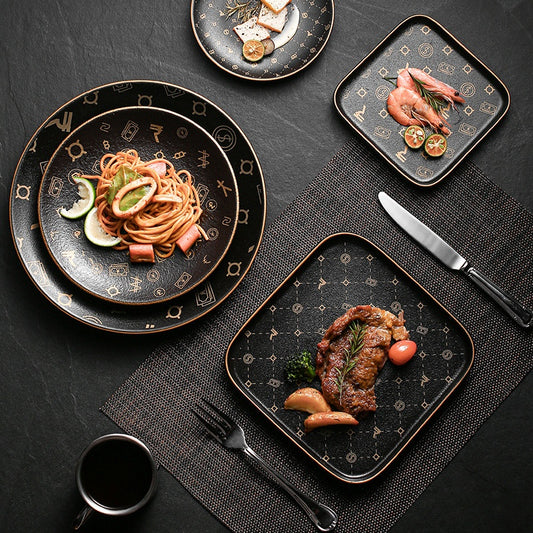 Luxury Black Matte Asian Stoneware Dinnerware Set