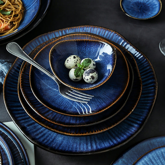 Vintage Blue Luxury Stoneware Dinnerware Pottery Plates