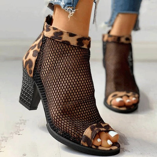 Large size thick heel mesh zipper sandals women