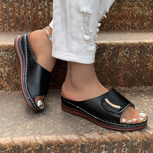 Platform Slippers Summer Hollow Velcro Design Sandals Women Shoes