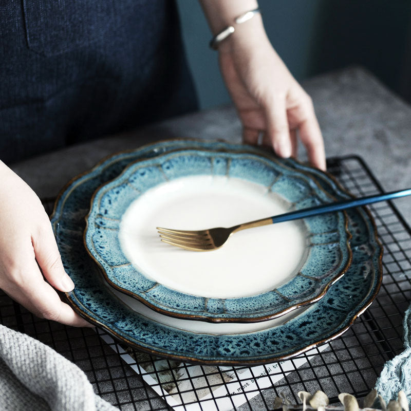 American Vintage Bone White China Blue Embossed Luxury Dinnerware Set