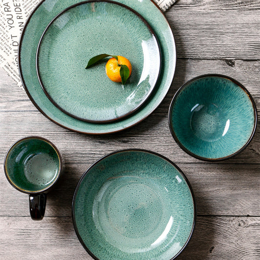 Deep Blue Green Vintage Ceramic Kiln Glazed Stoneware Pottery Plates