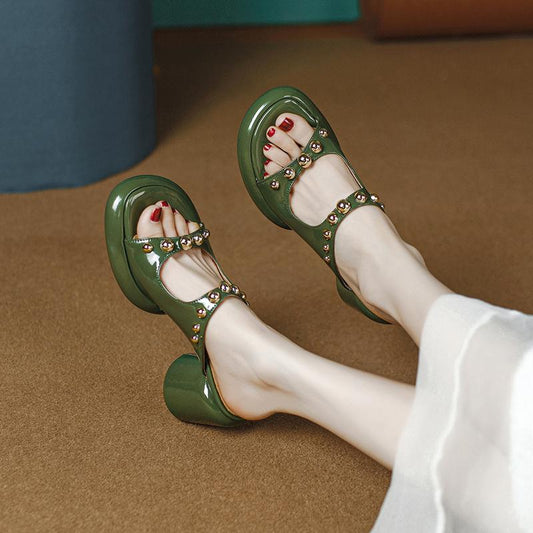 Waterproof Platform Thick Heel Green Rivet Sandals For Women