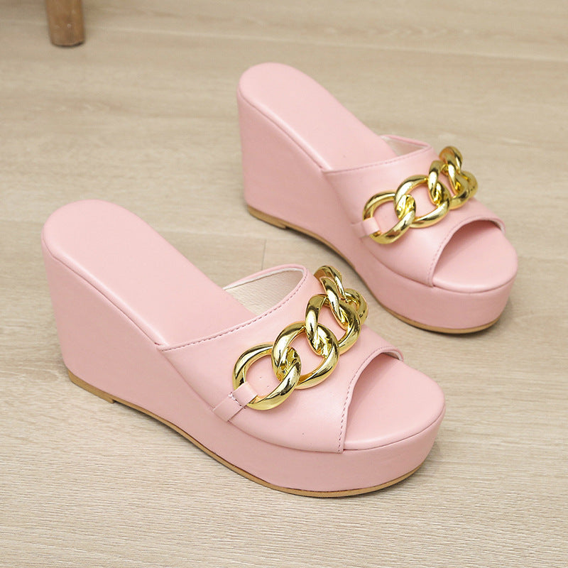 Gold Chain Shoes High Heel Wedges Slippers Women Slides Sandals