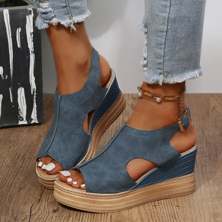 Peep Toe Sandals Women Wedge Heel Platform Buckle Shoes Summer